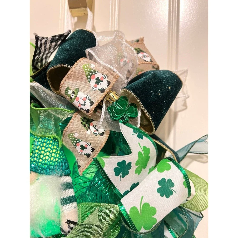 13” St. Patrick’s Day Ribbon Wreath Gnomes : Green & White Handmade MW9